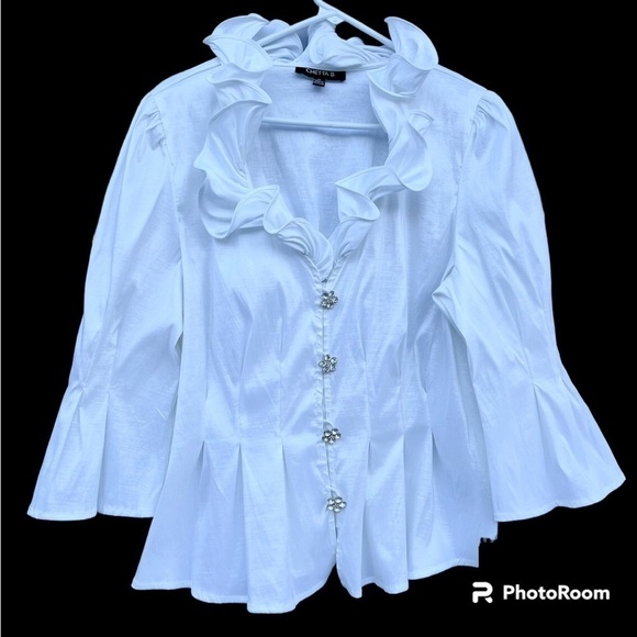 White Ruffle Evening Blouse with Rhinestone Buttons by Chetta B Blouse - Picture 2 of 9